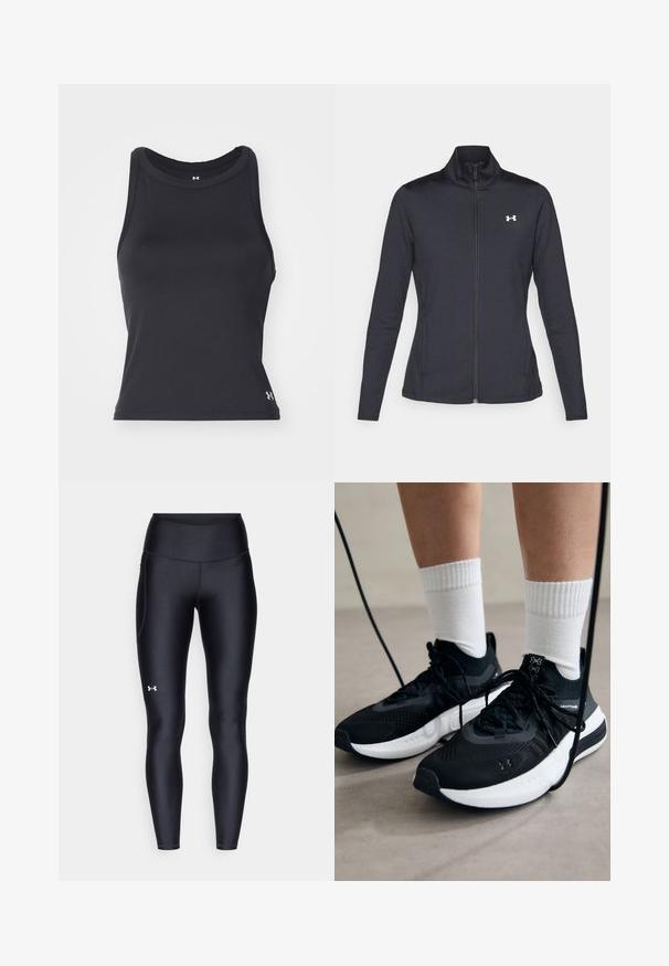 Black athletic jacket made of smooth, stretchy fabric with a high collar and full zipper, featuring a small white logo on the upper left side.; Black, sleeveless athletic tank top with a round neckline, made of smooth, stretchable material. Features a small logo on the bottom right.; Black leggings made of smooth, stretchy material with a high waistband. Features a white logo on the left thigh and fitted design.; Black athletic shoes with textured fabric, white sole, and black laces. Worn with white ribbed socks, standing on a light surface.