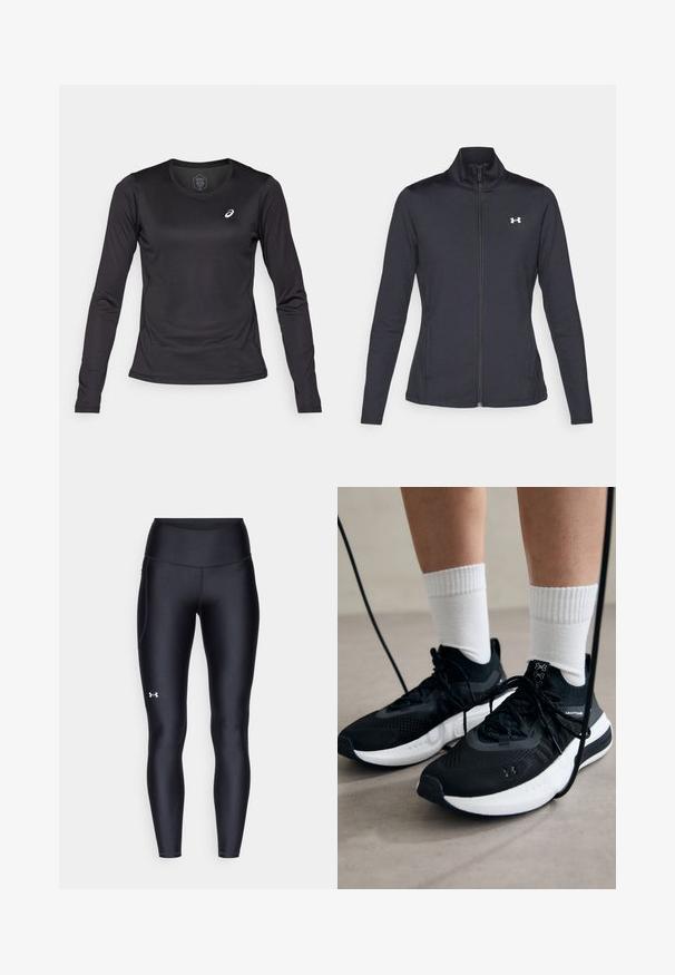 Černá sportovní bunda vyrobená z hladké a elastické textilie, s vysokým límcem a plným zipem, která má malé bílé logo na levé horní části.; ASICS CORE TOP - Top s dlouhým rukávem - performance black; Černé leginy vyrobené z hladkého, pružného materiálu s vysokým pasem. Obsahují bílé logo na levém stehně a mají přiléhavý střih.; Černé sportovní boty s texturovanou tkaninou, bílou podrážkou a černými tkaničkami. Nosené s bílými žebrovanými ponožkami, stojící na světlém povrchu.