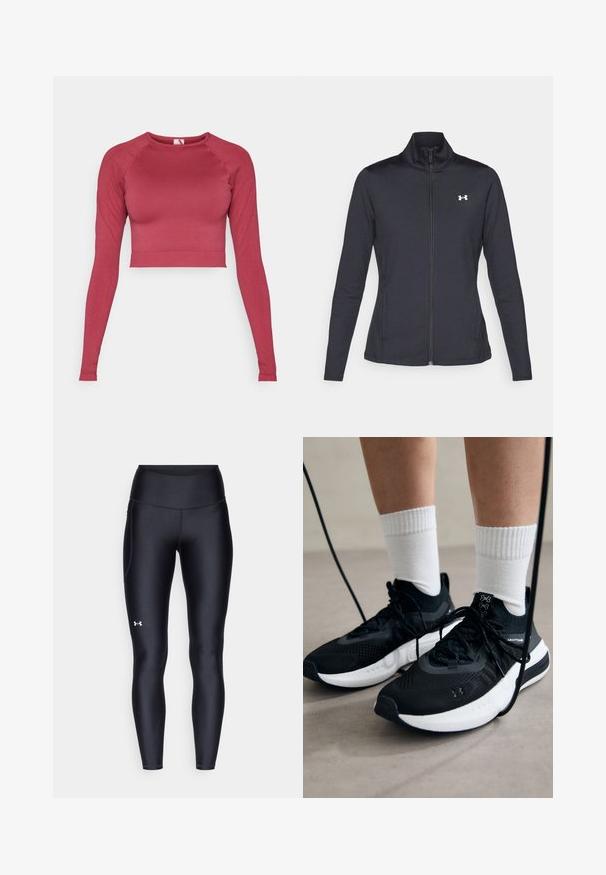 Melnās sporta jakas izgatavotas no gludas, elastīgas auduma ar augstu apkakli un pilnu rāvējslēdzēju, ar nelielu baltu logo augšējā kreisajā pusē.; Ilgi piedurkņu saspiestais tops dziļi sarkanā krāsā, izgatavots no elastīga auduma. Ar apaļu izgriezumu un ribotu apakšmalu un piedurkņu galiem. Gluda tekstūra.; Melnas leginses, kas izgatavotas no gluda, elastīga materiāla ar augstām jostām. Ir balta logo kreisajā augšstilbā un pieguļoša piegriezuma dizains.; Melni sporta apavi ar strukturētu audumu, balta zole un melni šņores. Valkāti ar baltām ribotām zeķēm, stāvot uz gaišas virsmas.