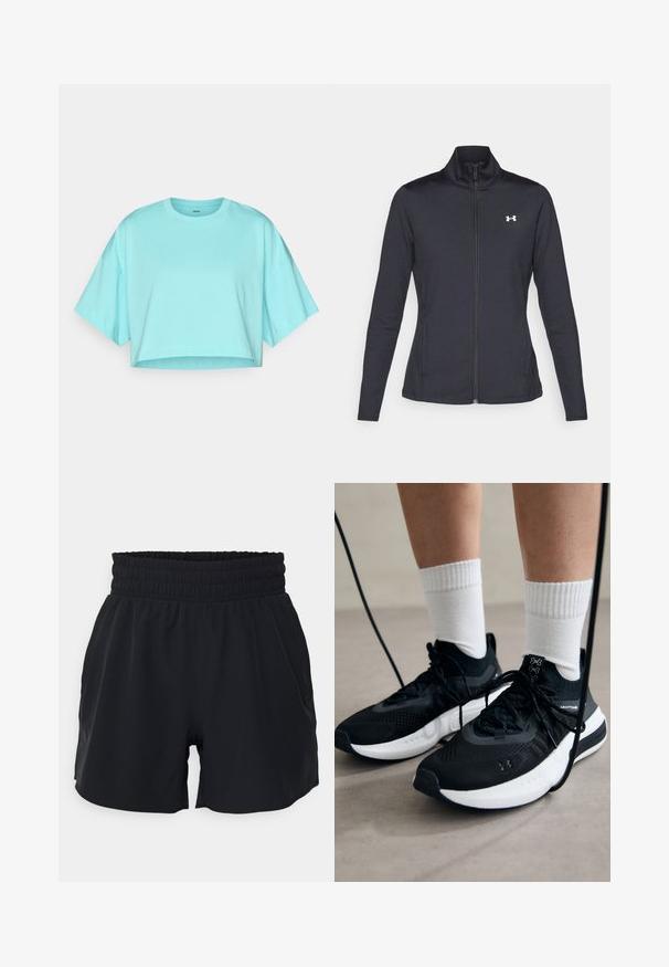 Mustmust mustrits mustritud jahk, valmistatud sujuvast, venivast kangast, kõrge kraega ja täispika tõmbluku ning väikese valge logoga vasakul üleval poole.; Heledad t-särk helesinises toonis, valmistatud pehmest puuvillast. Omab ümmargust kaelust ja laia lühikeste varrukate disaini. Sile tekstuur minimaalse tikandiga.; Mustad must sportlikud lühikesed püksid, millel on elastne vöökoht, sile kangas ja lahtine lõige. Pükstel on küljetaskud ja need ulatuvad keskmise reie pikkuseni.; Mustad mustad jalanõud tekstuuritud kangast, valge tallaga ja mustade paeltega. Kanna valgete soonikkudega sokkide sisse, seistes helesinisel pinnal.