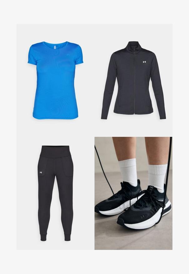 Čierna športová bunda vyrobená z hladkého, elastického materiálu s vysokým golierom a plným zipsom, s malým bielym logom na hornej ľavej strane.; Modrá krátkym rukávom tričko vyrobené z ľahkého materiálu, s okrúhlym výstrihom a hladkou textúrou. Diskretne logo na hornej ľavej strane.; Čierne športové legíny vyrobené z elastického materiálu, s vysokým pásom, bočnými vreckami a priliehajúcimi manžetami na členkoch.; Čierne športové topánky s textúrovanou tkaninou, bielou podrážkou a čiernymi šnúrkami. Nosené s bielymi rebrovanými ponožkami, postavené na svetlom povrchu.