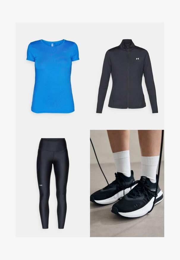 Fekete sportos dzseki sima, rugalmas anyagból, magas gallérral és teljes cipzárral, az elülső bal oldalon egy kis fehér logóval.; Könnyű anyagból készült kék, rövid ujjú póló, kerek nyakkal és sima textúrával. Diszkrét logó a bal felső oldalon.; Fekete leggings sima, rugalmas anyagból, magas derékkal. Bal combján fehér logó található, és testhezálló kialakítású.; Fekete sportcipők textúrált anyagból, fehér talppal és fekete fűzőkkel. Fehér bordázott zoknikkal viselve, világos felületen állva.