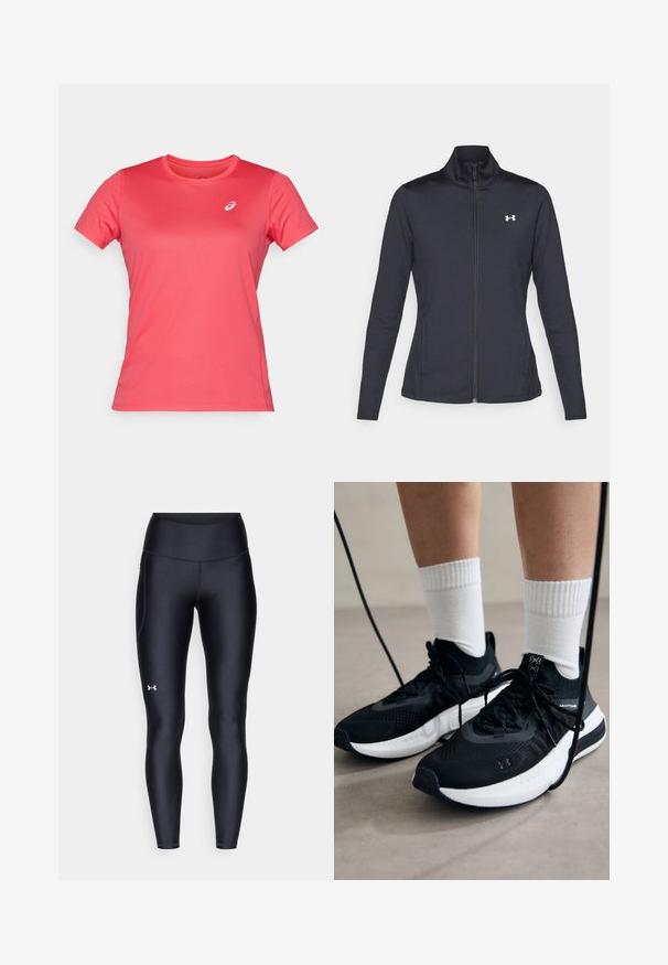 Chaqueta deportiva negra hecha de una tela suave y elástica, con cuello alto y cremallera completa, que presenta un pequeño logo blanco en la parte superior izquierda.; ASICS CORE TOP - Camiseta deportiva - pixel pink; Leggings negros hechos de un material suave y elástico con una cintura alta. Presentan un logo blanco en el muslo izquierdo y un diseño ajustado.; Zapatillas deportivas negras con tela texturizada, suela blanca y cordones negros. Llevadas con calcetines blancos de canalé, de pie sobre una superficie clara.