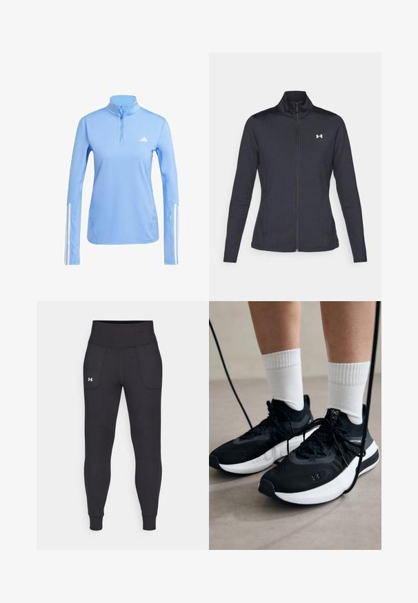 Zwarte sportjack gemaakt van glad, rekbaar materiaal met een hoge kraag en een volledige ritssluiting, met een klein wit logo op de bovenste linkerkant.; Lichtblauw langemouwen top met een kwart-rits kraag, voorzien van een wit Adidas-logo en drie witte strepen langs de mouwen. Glad textuur van de stof.; Zwarte sportleggings van rekbaar materiaal, met een hoge tailleband, zijzakken en aansluitende boorden bij de enkels.; Zwarte sportschoenen van gestructureerde stof, met een witte zool en zwarte veters. Draag ze met witte geribde sokken, staand op een lichte ondergrond.