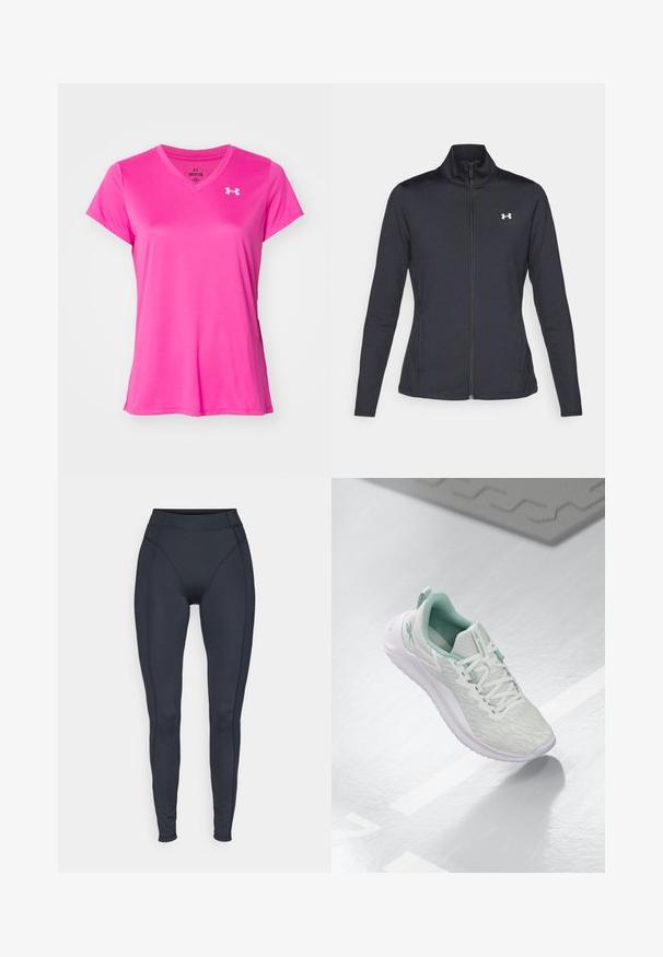 Svart idrottsjacka i slät, elastisk tyg med hög krage och hel dragkedja, med en liten vit logotyp på övre vänstra sidan.; Rosa kortärmad T-shirt med V-ringning, tillverkad av ett mjukt och lätt material. Har en liten vit logotyp på vänster bröst.; Hög midja svarta leggings tillverkade av stretchigt material, med sömlösa sidor och en figurnära design för komfort och rörlighet.; Ljust grå sportskor med en texturerad stickad ovandel, mintgröna detaljer, vita snören, gummisula och en dragflik på hälen.