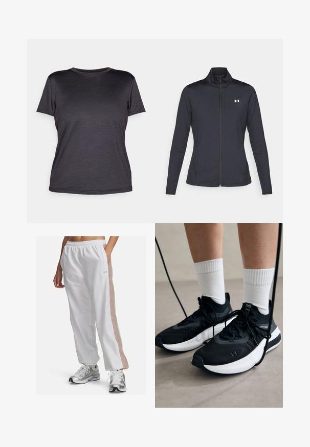 Schwarze Sportjacke aus glattem, dehnbarem Stoff mit hohem Kragen und durchgehendem Reißverschluss, ausgestattet mit einem kleinen weißen Logo auf der oberen linken Seite.; Graues Kurzarm-T-Shirt aus leichtem Stoff, mit Rundhalsausschnitt, glatter Textur und dezentem Logo auf der Brust.; Weiße Sporthose mit elastischem Gürtel, ausgestattet mit pastellrosa und beigen seitlichen Streifen. Hergestellt aus leichtem, glattem Material.; Schwarze Sportschuhe aus strukturiertem Stoff, mit weißer Sohle und schwarzen Schnürsenkeln. Tragen mit weißen gerippten Socken, stehen auf einer hellen Fläche.