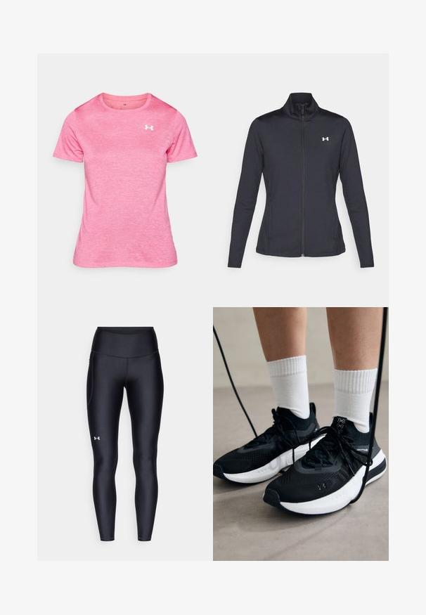 Casaco atlético preto feito de um tecido liso e elástico, com gola alta e zíper completo, apresentando um pequeno logótipo branco no canto superior esquerdo.; Camiseta rosa de manga curta em tecido texturizado. Apresenta um decote redondo e um logotipo branco no lado superior esquerdo do peito.; Leggings pretos feitos de material liso e elástico, com uma cintura alta. Apresentam um logotipo branco na coxa esquerda e um design ajustado.; Sapatilhas desportivas pretas com tecido texturizado, sola branca e atacadores pretos. Usadas com meias brancas caneladas, a pé sobre uma superfície clara.