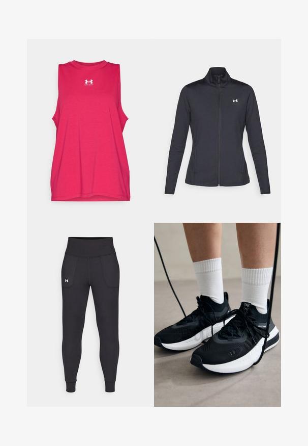 Melnās sporta jakas izgatavotas no gludas, elastīgas auduma ar augstu apkakli un pilnu rāvējslēdzēju, ar nelielu baltu logo augšējā kreisajā pusē.; Bez piedurknēm sporta topiņš spilgti rozā krāsā, izgatavots no mīksta kokvilnas maisījuma auduma. Tam ir noapaļota kakla izgriezums un baltais Under Armour logo.; Melnas sporta legingi, kas izgatavoti no stiepjama materiāla, ar augstu jostasvietu, sānu kabatām un pieguļošiem anklets.; Melni sporta apavi ar strukturētu audumu, balta zole un melni šņores. Valkāti ar baltām ribotām zeķēm, stāvot uz gaišas virsmas.