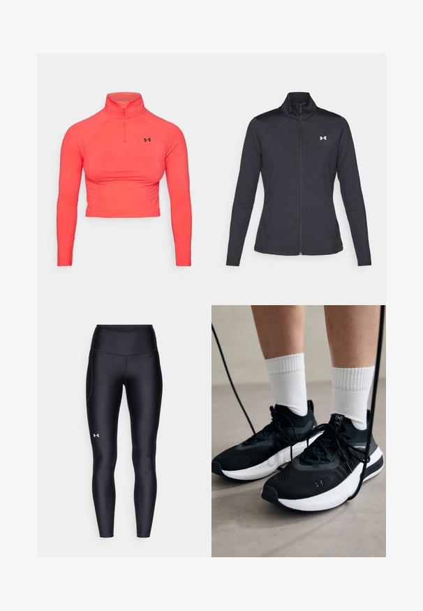 Musta urheilutakki, joka on valmistettu sileästä ja joustavasta kankaasta. Takissa on korkea kaulus ja täysipitkä vetoketju, sekä pieni valkoinen logo vasemmalla ylhäällä.; Pitkähihaine lyhyt paita kirkkaan korallin värissä, jossa on korkea kaulus ja puolivetoketju. Valmistettu joustavasta kankaasta, jossa on istuva malli. Musta logo-akkentti.; Mustat legginsit, jotka on valmistettu sileästä ja venyvästä materiaalista, korkealla vyötäröllä. Vasemmassa reidessä on valkoinen logo ja istuva muotoilu.; Mustat urheilukengät, joissa on teksturoitua kangasta, valkoiset pohjat ja mustat nauhat. Yhdistetty valkoisten urheilusukkien kanssa, seisten vaalealla pinnalla.
