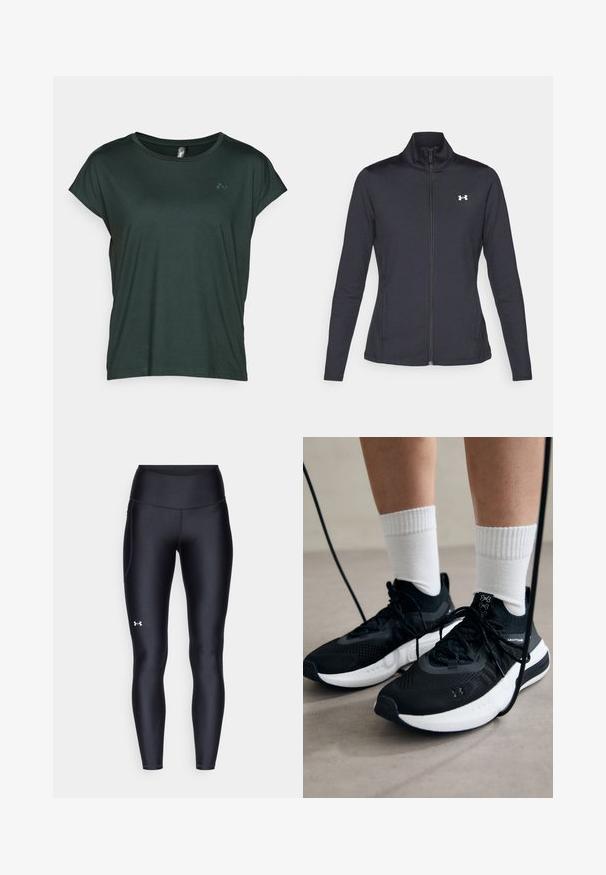 Fekete sportos dzseki sima, rugalmas anyagból, magas gallérral és teljes cipzárral, az elülső bal oldalon egy kis fehér logóval.; ONLY Play ONPAUBREE LIFE ON BAT LOOSE - Sportfelső - scarab; Fekete leggings sima, rugalmas anyagból, magas derékkal. Bal combján fehér logó található, és testhezálló kialakítású.; Fekete sportcipők textúrált anyagból, fehér talppal és fekete fűzőkkel. Fehér bordázott zoknikkal viselve, világos felületen állva.