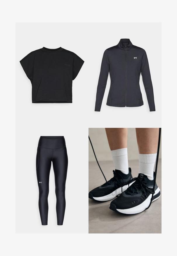 Svart treningsjakke laget av glatt, elastisk stoff med høy krage og hel glidelås, med en liten hvit logo på øvre venstre side.; Svart avkortet t-skjorte laget av myk bomull med korte ermer og rund hals. Har en subtil logo på forsiden.; Sorte leggings laget av glatt, elastisk materiale med høy midje. Har en hvit logo på venstre lår og en tettsittende design.; Svarte treningssko med teksturert stoff, hvit såle og svarte snøringer. Brukt med hvite ribbestrikkede sokker, stående på en lys overflate.