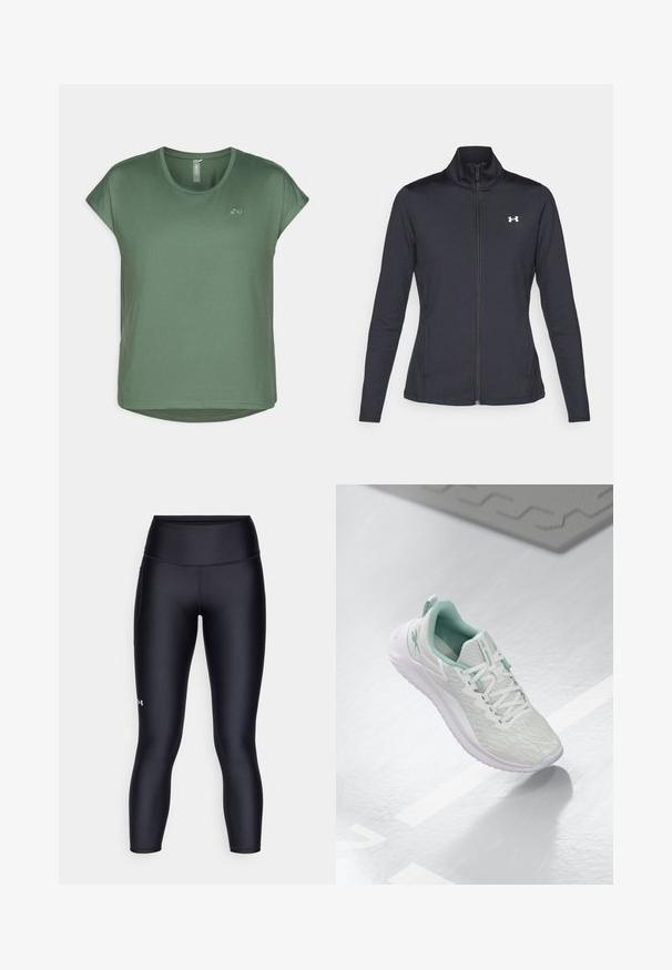 Juodas sportinis švarkas, pagamintas iš lygios, elastingos medžiagos, su aukštu apykakle ir pilnu užtrauktuku, su maža balta logo kairiajame viršutiniame kampe.; Žalia trumpomis rankovėmis marškinėlių su apvaliu kaklu, minkšta medžiaga, laisvas siluetas ir subtilus logotipo akcentas priekyje.; Juodos legging'os, pagamintos iš lygaus, tampraus audinio. Aukštas juosmuo, prigludusi forma ir mažas logotipas ant kairės kojos.; Šviesiai pilni sportiniai bateliai su tekstūruota mezgimo viršutine dalimi, mėtų žalumo akcentais, baltais raišteliais, guminėmis padangomis ir kilpa kulne.