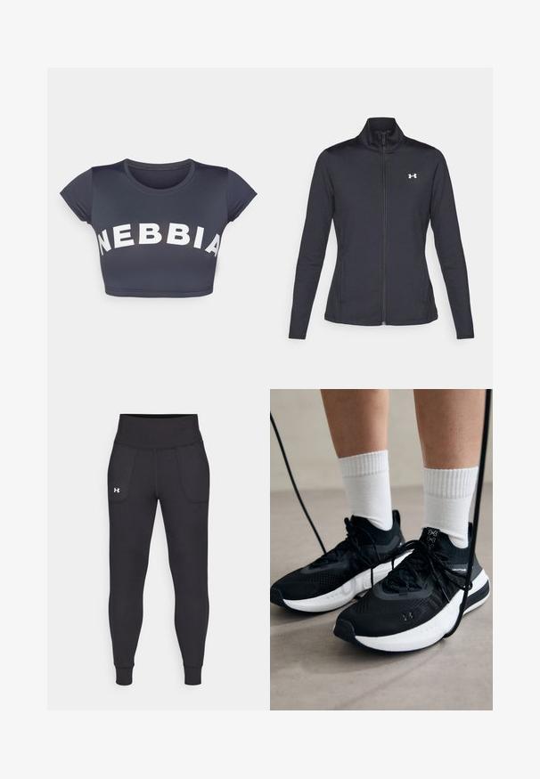 Černá sportovní bunda vyrobená z hladké a elastické textilie, s vysokým límcem a plným zipem, která má malé bílé logo na levé horní části.; Krátký top z tmavě šedé tkaniny s krátkými rukávy. V přední části se nachází velké bílé nápisy "NEBBIA". Hladká textura, kulatý výstřih.; Černé sportovní legíny vyrobené z elastického materiálu, s vysokým pasem, bočními kapsami a úzkými manžetami na kotnících.; Černé sportovní boty s texturovanou tkaninou, bílou podrážkou a černými tkaničkami. Nosené s bílými žebrovanými ponožkami, stojící na světlém povrchu.
