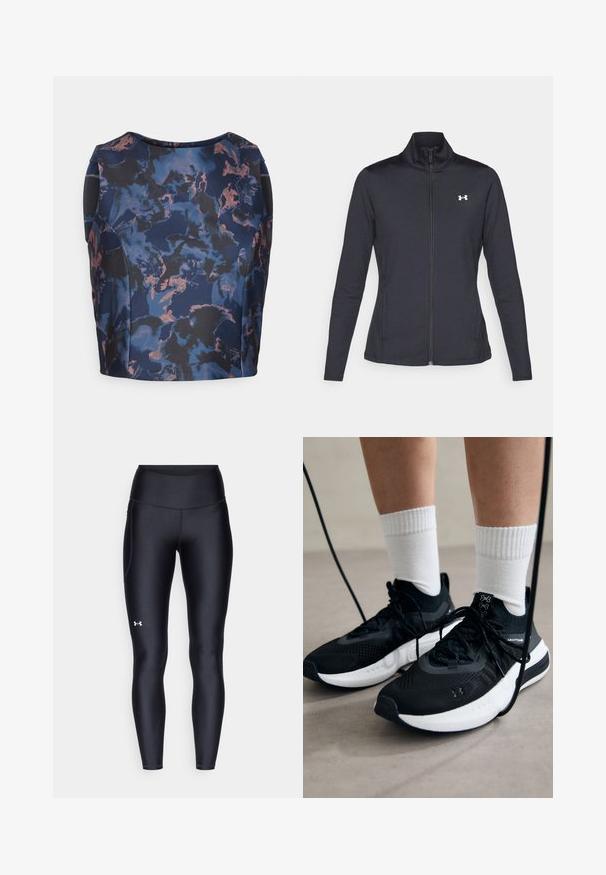 Svart idrottsjacka i slät, elastisk tyg med hög krage och hel dragkedja, med en liten vit logotyp på övre vänstra sidan.; Marinblå och svart topp med ett blommönster i nyanser av blått och persika, med rund halsringning och strukturerad design.; Svarta leggings i ett smidigt, stretchigt material med hög midja. Har en vit logotyp på vänstra låret och en åtsittande design.; Svarta sportskor med texturerat tyg, vit sula och svarta snören. Bärs med vita reglerade strumpor, stående på en ljus yta.
