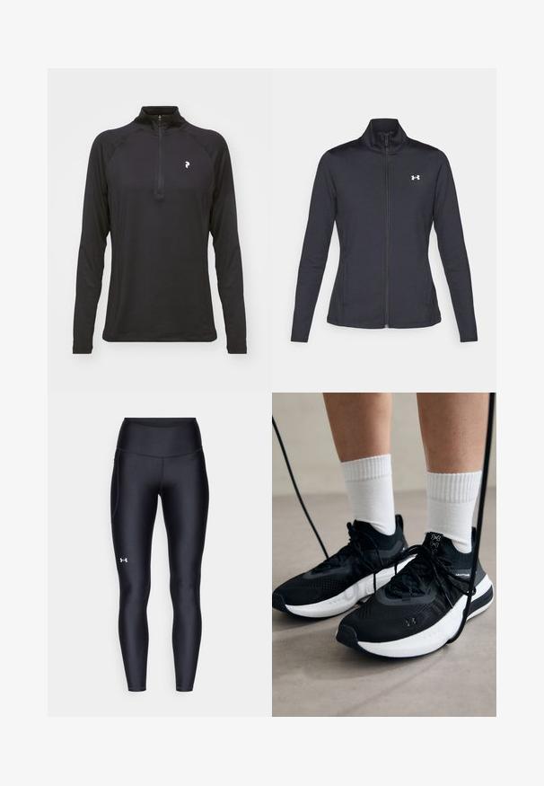 Juodas sportinis švarkas, pagamintas iš lygios, elastingos medžiagos, su aukštu apykakle ir pilnu užtrauktuku, su maža balta logo kairiajame viršutiniame kampe.; Juodas ilgomis rankovėmis ketvirčio užtrauktuku marškinėliai, turintys lygią tekstūrą ir prigludusią kirpimą. Su raglan rankovėmis ir mažu baltu logotipu ant krūtinės.; Juodos leggingai, pagaminti iš lygaus, elastingo audinio su aukštu juosmeniu. Kairiajame šlaunyje yra baltas logotipas ir tvirta konstrukcija.; Juodi sportiniai batai su tekstūruotu audiniu, balta padu ir juodais raiščiais. Dėvimi su baltais raištiniais kojiniais, stovint lengvame paviršiuje.