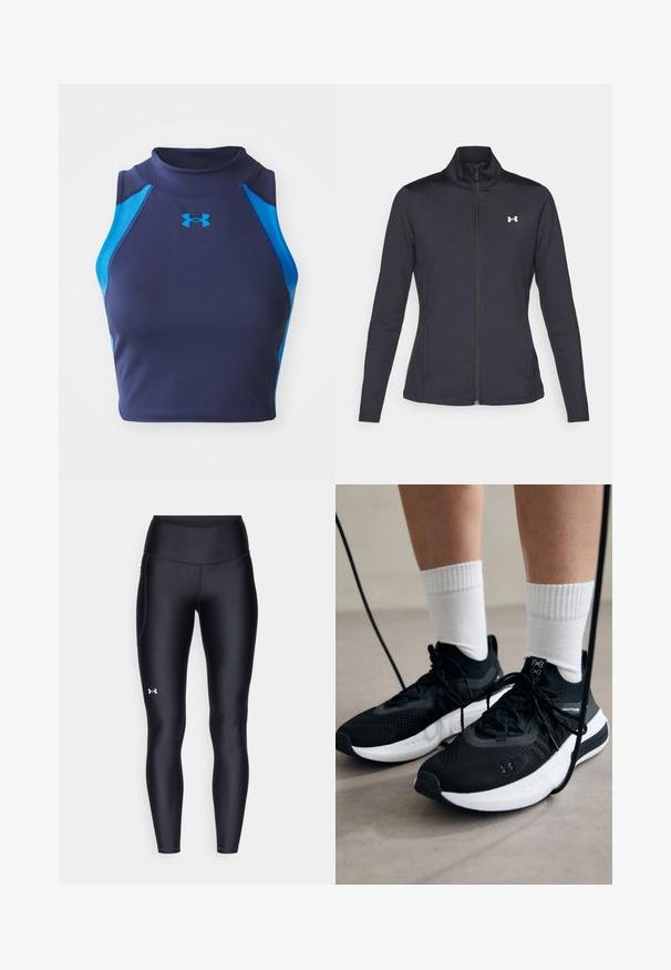 Czarna sportowa kurtka z gładkiego, elastycznego materiału, z wysokim kołnierzem i pełnym zamkiem, z małym białym logo na górnej lewej stronie.; Granatowa bezrękawnikowa crop top z ribbowanej tkaniny z niebieskimi akcentami. Posiada wysoki dekolt i logo Under Armour z przodu.; Czarne legginsy wykonane z gładkiego, elastycznego materiału z wysokim stanem. Posiadają białe logo na lewym udzie oraz dopasowany krój.; Czarne buty sportowe z teksturowanym materiałem, białą podeszwą i czarnymi sznurowadłami. Nosi je osoba w białych skarpetkach w prążki, stojąca na jasnej powierzchni.