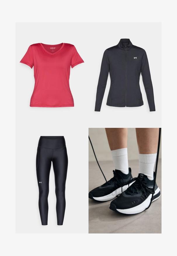 Fekete sportos dzseki sima, rugalmas anyagból, magas gallérral és teljes cipzárral, az elülső bal oldalon egy kis fehér logóval.; Világos rózsaszín, V nyakú, rövid ujjú póló, sima, rugalmas anyagból. Feszes fazonnal rendelkezik, tiszta vonalakkal és látható minták nélkül.; Fekete leggings sima, rugalmas anyagból, magas derékkal. Bal combján fehér logó található, és testhezálló kialakítású.; Fekete sportcipők textúrált anyagból, fehér talppal és fekete fűzőkkel. Fehér bordázott zoknikkal viselve, világos felületen állva.