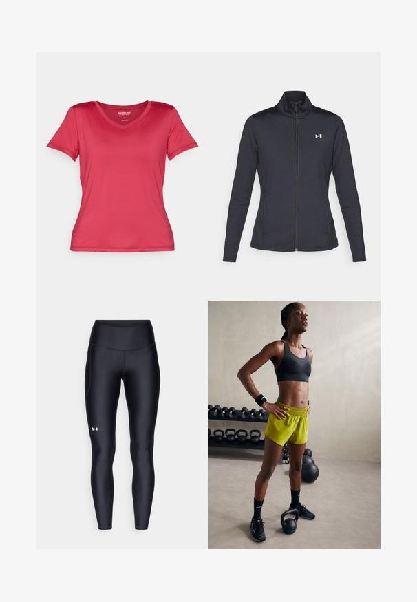Chaqueta deportiva negra hecha de una tela suave y elástica, con cuello alto y cremallera completa, que presenta un pequeño logo blanco en la parte superior izquierda.; Camiseta de manga corta con escote en V en un rosa brillante, fabricada con un tejido liso y elástico. Presenta un diseño ajustado con líneas limpias y sin patrones visibles.; Leggings negros hechos de un material suave y elástico con una cintura alta. Presentan un logo blanco en el muslo izquierdo y un diseño ajustado.; Sujetador deportivo negro, pantalones cortos amarillos brillantes con cinturilla elástica, zapatillas de deporte negras y muñequeras, de pie junto a kettlebells.