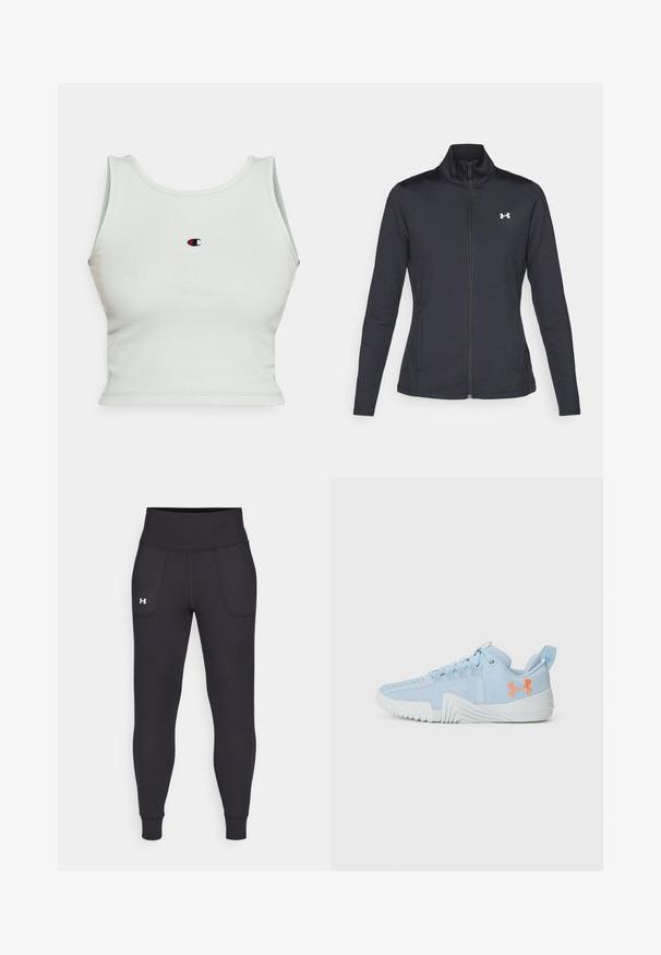 Črna atletska jakna iz gladkega, raztegljivega blaga z visokim ovratnikom in polnim zadrgo, ki ima majhen bel logotip na zgornji levi strani.; Svetlo zelena rebrasta kratka majica s okruglim izrezom i širokim naramenicama. Ima mali, izvezeni logo na sredini prednje strane.; Črne atletske legice iz raztegljivega materiala, ki imajo visok pas, stranske žepke in tesne manšete pri gležnjih.; Svetlo modra športna čevlja iz mrežnega materiala s teksturirano podplatom, opremljena z oranžno logotipom in vezalnim dizajnom.