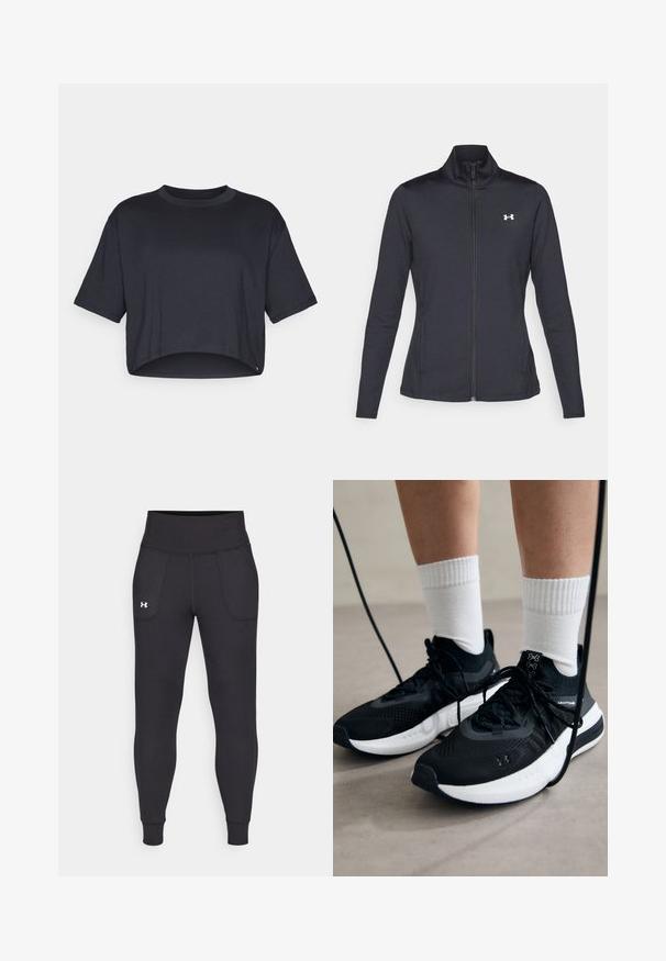 Schwarze Sportjacke aus glattem, dehnbarem Stoff mit hohem Kragen und durchgehendem Reißverschluss, ausgestattet mit einem kleinen weißen Logo auf der oberen linken Seite.; Schwarzes, kurz geschnittenes T-Shirt aus weichem Baumwollstoff, mit Rundhalsausschnitt und kurzen Ärmeln, einem sauberen Saum und ohne sichtbare Muster oder Akzente.; Schwarze Sportleggings aus dehnbarem Material, mit hohem Taillenbund, seitlichen Taschen und schmalen Bündchen am Knöchel.; Schwarze Sportschuhe aus strukturiertem Stoff, mit weißer Sohle und schwarzen Schnürsenkeln. Tragen mit weißen gerippten Socken, stehen auf einer hellen Fläche.