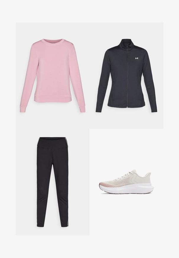 Schwarze Sportjacke aus glattem, dehnbarem Stoff mit hohem Kragen und durchgehendem Reißverschluss, ausgestattet mit einem kleinen weißen Logo auf der oberen linken Seite.; Helles rosa Sweatshirt mit langen Ärmeln, rundem Halsausschnitt und gerippten Bündchen und Saum. Aus weichem Stoff mit glatter Textur gefertigt.; Schwarze Leggings aus dehnbarem Stoff. Hoher Bund, schmaler Schnitt, mit weißen Seitenstreifen entlang der äußeren Nähte. Glatte Textur.; Leichte Sportschuhe mit einem atmungsaktiven weißen Netzobermaterial, einem Verlauf in Pink-Akzenten und einer dicken weißen Sohle mit strukturierten Details.
