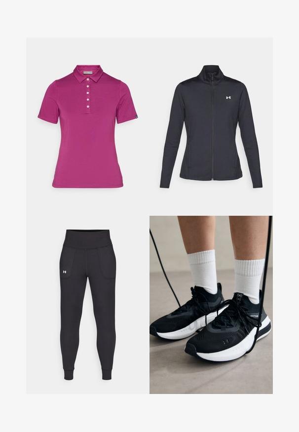 Mustmust mustrits mustritud jahk, valmistatud sujuvast, venivast kangast, kõrge kraega ja täispika tõmbluku ning väikese valge logoga vasakul üleval poole.; Fuksiatšipoolse lühikeste varrukatega polo-särk, mis on valmistatud pehmest kangast. Omab klassikalist kraed, viie nupuga sulgemist ja sildiga vasakul varrukal.; Mustad must-harjutuslegid, mis on valmistatud elastse materjali jaoks, kõrge vöökoha, küljetaskute ja tihedalt istuvate pahkluude vahega.; Mustad mustad jalanõud tekstuuritud kangast, valge tallaga ja mustade paeltega. Kanna valgete soonikkudega sokkide sisse, seistes helesinisel pinnal.