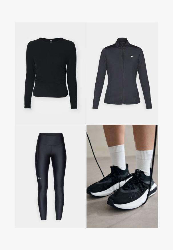 Černá sportovní bunda vyrobená z hladké a elastické textilie, s vysokým límcem a plným zipem, která má malé bílé logo na levé horní části.; Černý dlouhý rukáv top z ribkované látky s kulatým výstřihem a detailem řasení na boku. Střih je těsný a přizpůsobený postavě.; Černé leginy vyrobené z hladkého, pružného materiálu s vysokým pasem. Obsahují bílé logo na levém stehně a mají přiléhavý střih.; Černé sportovní boty s texturovanou tkaninou, bílou podrážkou a černými tkaničkami. Nosené s bílými žebrovanými ponožkami, stojící na světlém povrchu.