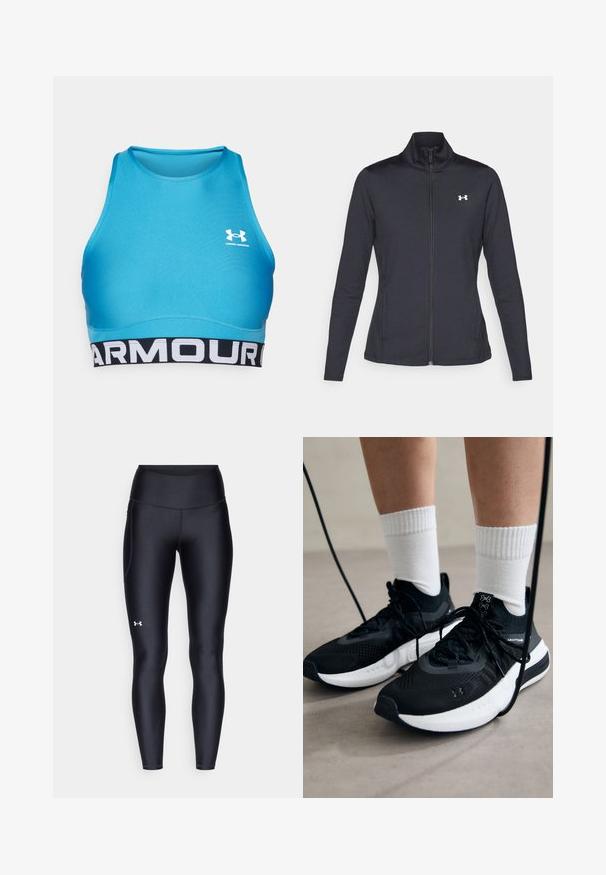 Fekete sportos dzseki sima, rugalmas anyagból, magas gallérral és teljes cipzárral, az elülső bal oldalon egy kis fehér logóval.; Kék sportmelltartó sima, rugalmas anyagból készült. Jellemzője egy fehér logó a mellkason és egy fekete pánt fehér felirattal az alján.; Fekete leggings sima, rugalmas anyagból, magas derékkal. Bal combján fehér logó található, és testhezálló kialakítású.; Fekete sportcipők textúrált anyagból, fehér talppal és fekete fűzőkkel. Fehér bordázott zoknikkal viselve, világos felületen állva.