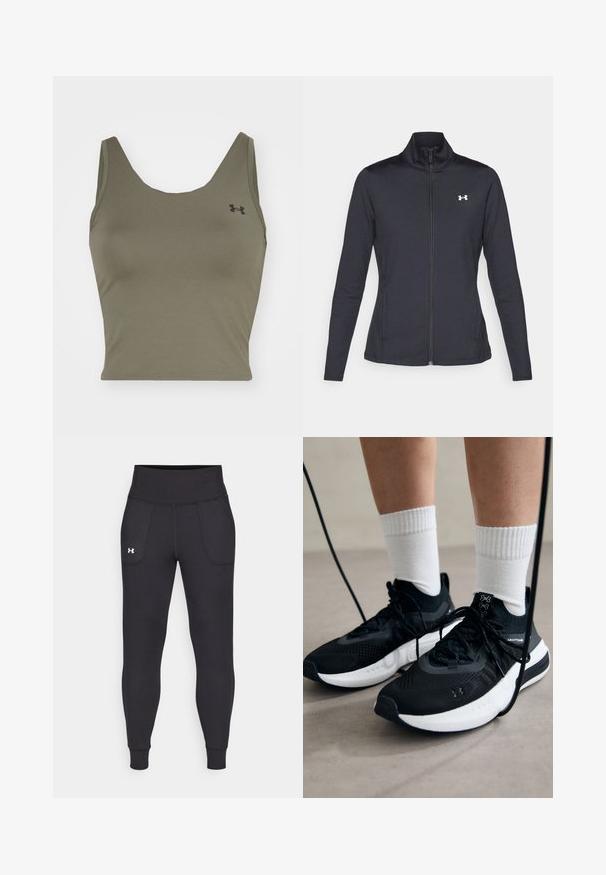 Černá sportovní bunda vyrobená z hladké a elastické textilie, s vysokým límcem a plným zipem, která má malé bílé logo na levé horní části.; Under Armour MOTION TANK EMEA - Top - marine od green/black; Černé sportovní legíny vyrobené z elastického materiálu, s vysokým pasem, bočními kapsami a úzkými manžetami na kotnících.; Černé sportovní boty s texturovanou tkaninou, bílou podrážkou a černými tkaničkami. Nosené s bílými žebrovanými ponožkami, stojící na světlém povrchu.