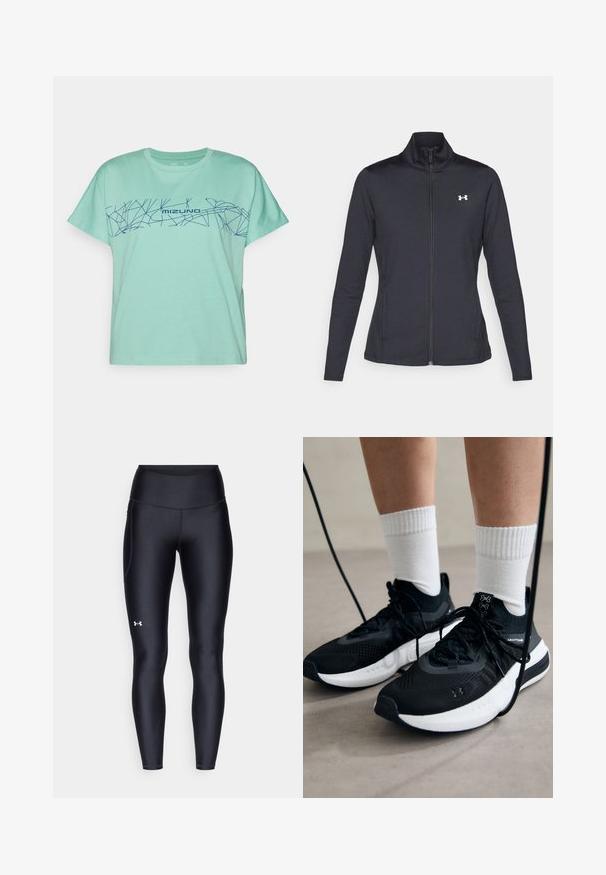 Črna atletska jakna iz gladkega, raztegljivega blaga z visokim ovratnikom in polnim zadrgo, ki ima majhen bel logotip na zgornji levi strani.; Majhna zeleni majica iz bombaža z geometrskim črnim vzorcem in napisom "MIZUNO" čez prsa. Kratki rokavi, okrogla ovratnica.; Črne pajkice iz gladkega, elastičnega materiala z visokim pasom. Imajo bel logotip na levem stegnu in oprijet kroj.; Črne športne čevlje z strukturirano tkanino, belo podplatom in črnimi vezalkami. Nosi se z belimi rebrastimi nogavicami, stoje na svetli površini.