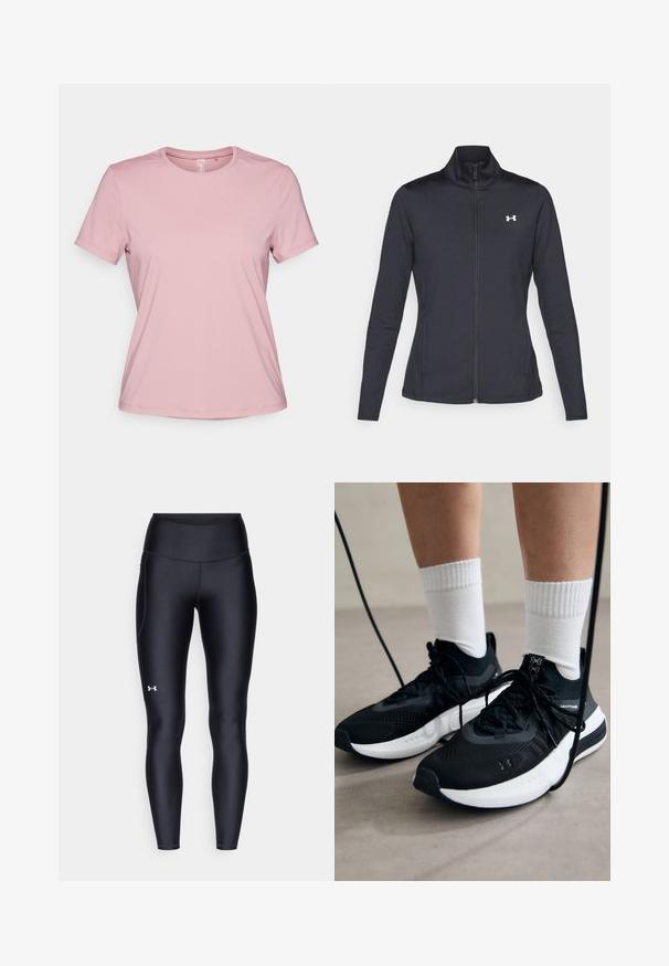 Chaqueta deportiva negra hecha de una tela suave y elástica, con cuello alto y cremallera completa, que presenta un pequeño logo blanco en la parte superior izquierda.; Camiseta de manga corta rosa, hecha de tela suave, con un escote redondo y un corte relajado, sin patrones ni detalles visibles.; Leggings negros hechos de un material suave y elástico con una cintura alta. Presentan un logo blanco en el muslo izquierdo y un diseño ajustado.; Zapatillas deportivas negras con tela texturizada, suela blanca y cordones negros. Llevadas con calcetines blancos de canalé, de pie sobre una superficie clara.