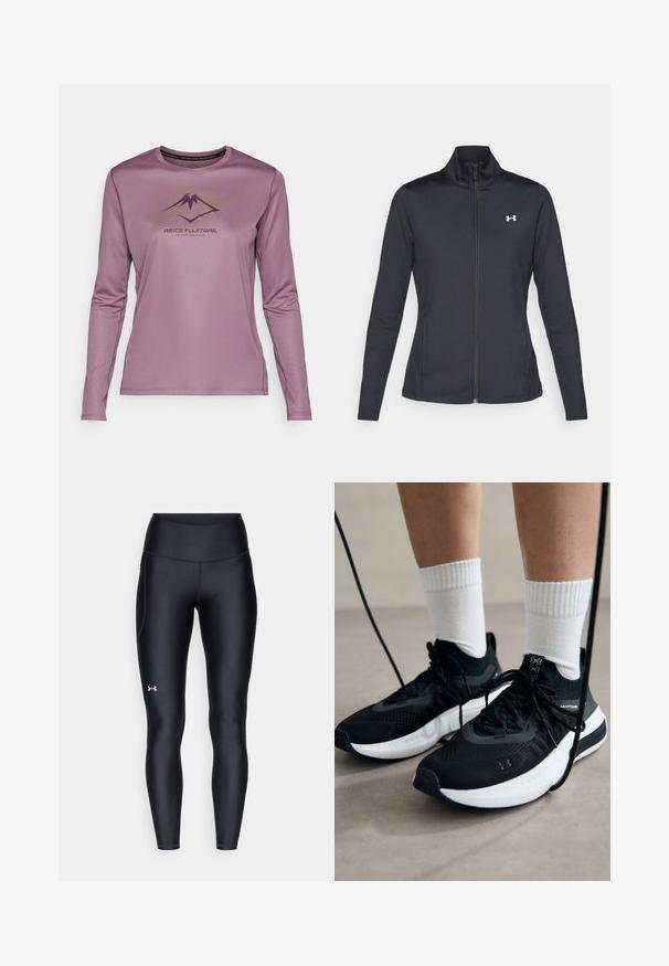 Schwarze Sportjacke aus glattem, dehnbarem Stoff mit hohem Kragen und durchgehendem Reißverschluss, ausgestattet mit einem kleinen weißen Logo auf der oberen linken Seite.; Langarm-Mauve-Sportshirt mit Berglogo und dem Text "ASICS FUJITRAIL" auf der Vorderseite.; Schwarze Leggings aus glattem, elastischem Material mit einem hohen Bund. Mit einem weißen Logo auf dem linken Oberschenkel und tailliertem Design.; Schwarze Sportschuhe aus strukturiertem Stoff, mit weißer Sohle und schwarzen Schnürsenkeln. Tragen mit weißen gerippten Socken, stehen auf einer hellen Fläche.