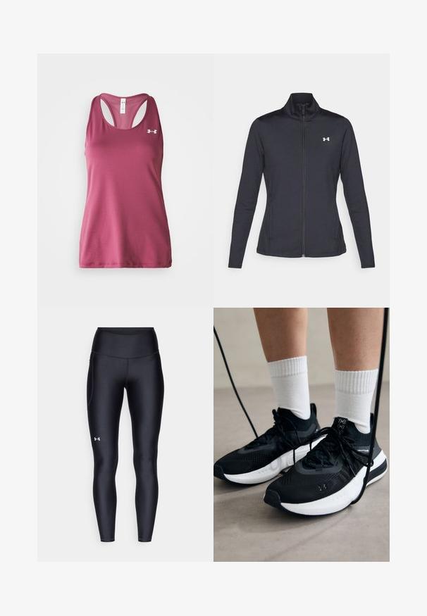 Black athletic jacket made of smooth, stretchy fabric with a high collar and full zipper, featuring a small white logo on the upper left side.; Maroon athletic tank top with a mesh texture, racerback design, and a small white logo on the left chest. Smooth fabric, sleeveless cut.; Black leggings made of smooth, stretchy material with a high waistband. Features a white logo on the left thigh and fitted design.; Black athletic shoes with textured fabric, white sole, and black laces. Worn with white ribbed socks, standing on a light surface.