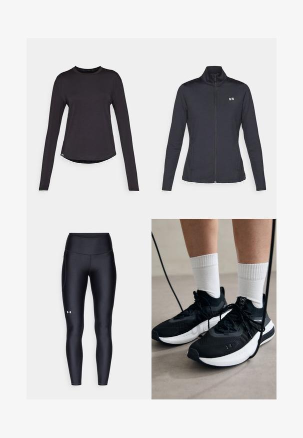 Fekete sportos dzseki sima, rugalmas anyagból, magas gallérral és teljes cipzárral, az elülső bal oldalon egy kis fehér logóval.; HOKA ESSENTIAL TEE - Hosszú ujjú felső - black; Fekete leggings sima, rugalmas anyagból, magas derékkal. Bal combján fehér logó található, és testhezálló kialakítású.; Fekete sportcipők textúrált anyagból, fehér talppal és fekete fűzőkkel. Fehér bordázott zoknikkal viselve, világos felületen állva.