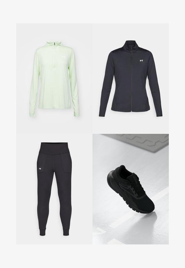 Czarna sportowa kurtka z gładkiego, elastycznego materiału, z wysokim kołnierzem i pełnym zamkiem, z małym białym logo na górnej lewej stronie.; Jasnozielony sweter z długim rękawem, z wysokim kołnierzem i półzamkiem. Posiada małe białe logo na piersi. Miękka, gładka faktura materiału.; Czarne legginsy sportowe wykonane z elastycznego materiału, z wysokim stanem, bocznymi kieszeniami i dopasowanymi mankietami przy kostkach.; Czarny but sportowy z siateczkową cholewką, okrągłym noskiem, amortyzowaną podeszwą i teksturowanymi akcentami, umieszczony na gładkiej białej powierzchni.