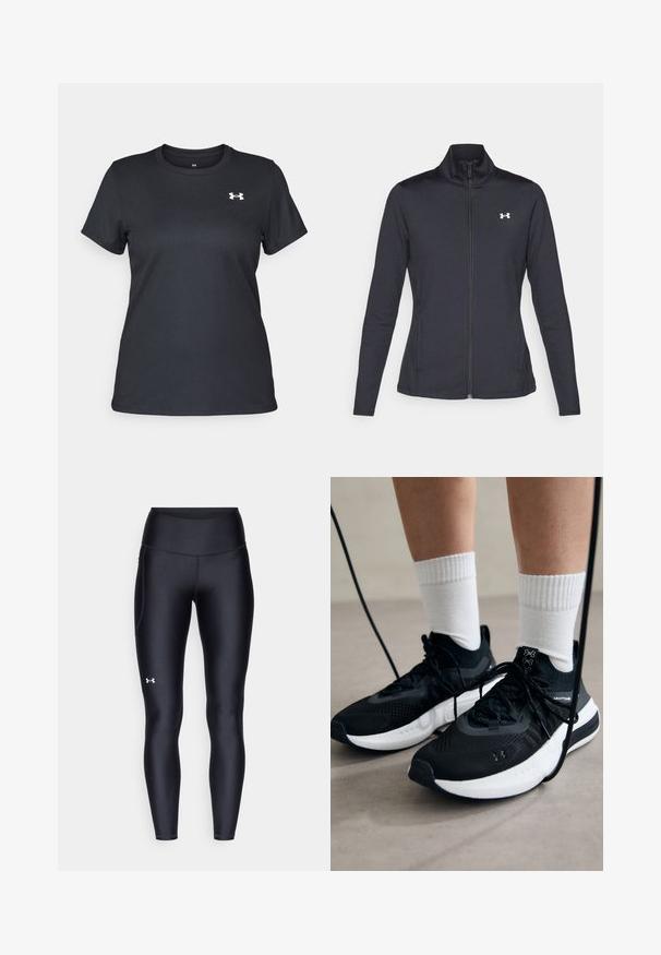 Sort atletisk jakke lavet af glat, strækbart stof med høj krave og fuld lynlås, der har et lille hvidt logo på den øverste venstre side.; Sort kortærmet trænings-T-shirt med ribbet tekstur. Har en rund udskæring og et lille hvidt logo på venstre bryst.; Sorte leggings lavet af glat, strækbart materiale med høj talje. Har et hvidt logo på venstre lår og en tætsiddende design.; Sorte sportssko med tekstureret stof, hvid sål og sorte snørebånd. Båret med hvide ribbede sokker, stående på en lys overflade.