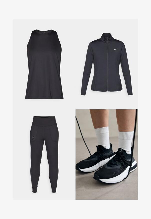 Crna atletska jakna napravljena od glatkog, rastezljivog materijala s visokim kragnom i punim patentnim zatvaračem, s malim bijelim logotipom na gornjoj lijevoj strani.; Crna bezrukavna atletska majica izrađena od glatkog, laganog materijala. Ima okrugli dekolte i ravne šavove za dodatnu udobnost.; Crne sportske tajice napravljene od rastezljivog materijala, sa visokim pojasom, bočnim džepovima i uskim manžetama na gležnjevima.; Crne atletske cipele s teksturiranim materijalom, bijelim potplatima i crnim vezicama. Nosene s bijelim rebrastim čarapama, stojeći na svijetloj površini.