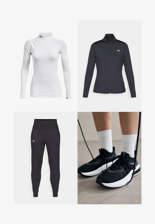 Zwarte sportjack gemaakt van glad, rekbaar materiaal met een hoge kraag en een volledige ritssluiting, met een klein wit logo op de bovenste linkerkant.; Wit sportshirt met lange mouwen en een hoge hals, gemaakt van soepel, rekbaar materiaal; heeft raglanmouwen en een klein zwart logo.; Zwarte sportleggings van rekbaar materiaal, met een hoge tailleband, zijzakken en aansluitende boorden bij de enkels.; Zwarte sportschoenen van gestructureerde stof, met een witte zool en zwarte veters. Draag ze met witte geribde sokken, staand op een lichte ondergrond.