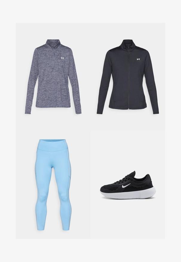 Svart idrottsjacka i slät, elastisk tyg med hög krage och hel dragkedja, med en liten vit logotyp på övre vänstra sidan.; Marinblå långärmad pullover med kvartdragkedja i strukturerad tyg, med en vit logotyp på bröstet och en hög krage.; Ljusblå leggings av stretchy tyg. Har en hög midja, slät yta och kurviga sömmar längs benen.; Svart idrottssko med överdel i mesh, texturerad design, rund tå, vit gummisula och en Nike-logotyp på sidan.