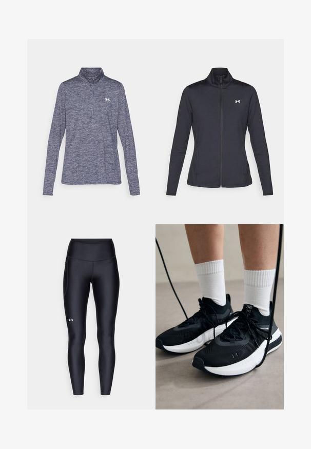 Svart treningsjakke laget av glatt, elastisk stoff med høy krage og hel glidelås, med en liten hvit logo på øvre venstre side.; Marine blå langermet quarter-zip genser laget av teksturert stoff, med en hvit logo på brystet og høy krage.; Sorte leggings laget av glatt, elastisk materiale med høy midje. Har en hvit logo på venstre lår og en tettsittende design.; Svarte treningssko med teksturert stoff, hvit såle og svarte snøringer. Brukt med hvite ribbestrikkede sokker, stående på en lys overflate.