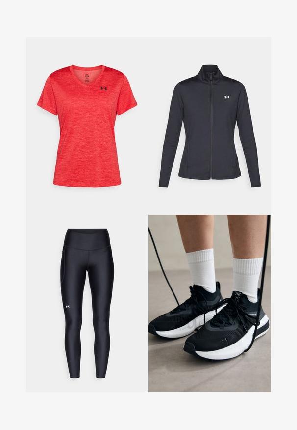 Čierna športová bunda vyrobená z hladkého, elastického materiálu s vysokým golierom a plným zipsom, s malým bielym logom na hornej ľavej strane.; Under Armour TECH TWIST - Športové tričko - racer red/black; Čierne legíny vyrobené z hladkého, elastického materiálu s vysokým pásom. Obsahujú biele logo na ľavom stehne a sú strihané na telo.; Čierne športové topánky s textúrovanou tkaninou, bielou podrážkou a čiernymi šnúrkami. Nosené s bielymi rebrovanými ponožkami, postavené na svetlom povrchu.