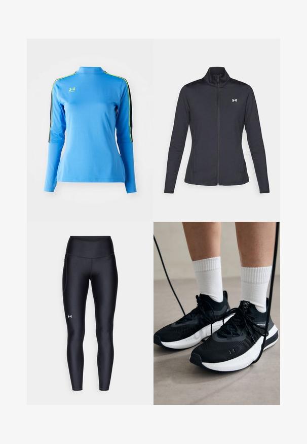 Black athletic jacket made of smooth, stretchy fabric with a high collar and full zipper, featuring a small white logo on the upper left side.; Light blue long-sleeve athletic top with a high neck. Features black and neon green stripes on the shoulders. Smooth, stretchy fabric.; Black leggings made of smooth, stretchy material with a high waistband. Features a white logo on the left thigh and fitted design.; Black athletic shoes with textured fabric, white sole, and black laces. Worn with white ribbed socks, standing on a light surface.