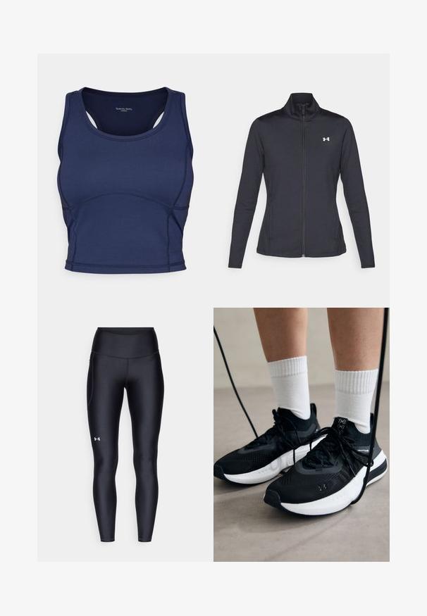 Melnās sporta jakas izgatavotas no gludas, elastīgas auduma ar augstu apkakli un pilnu rāvējslēdzēju, ar nelielu baltu logo augšējā kreisajā pusē.; Sweaty Betty ALL DAY ACTIVE CROPPED TANK - Tops - navy blue; Melnas leginses, kas izgatavotas no gluda, elastīga materiāla ar augstām jostām. Ir balta logo kreisajā augšstilbā un pieguļoša piegriezuma dizains.; Melni sporta apavi ar strukturētu audumu, balta zole un melni šņores. Valkāti ar baltām ribotām zeķēm, stāvot uz gaišas virsmas.