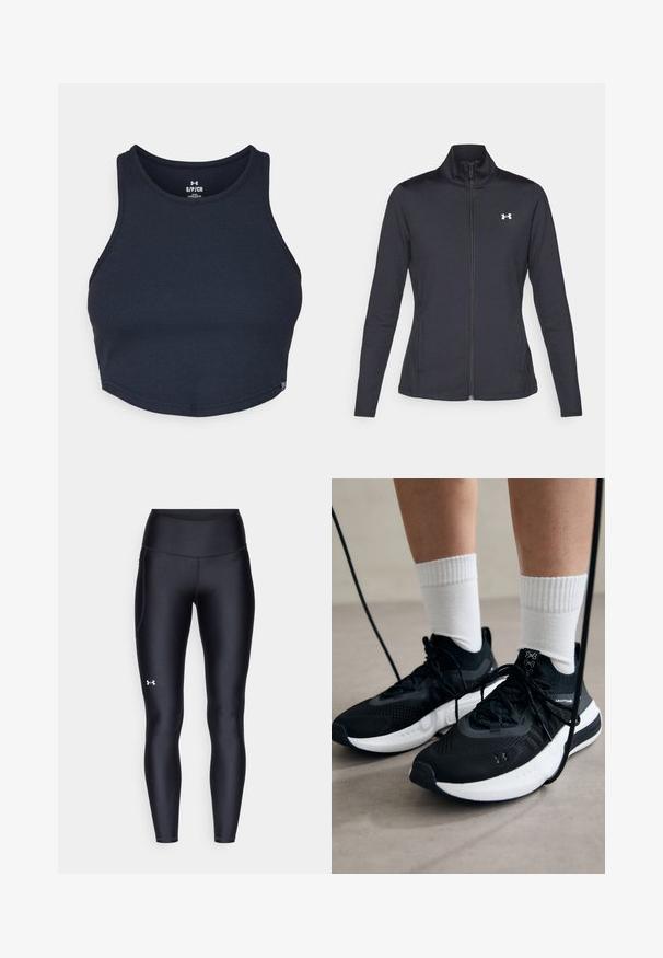 Mustmust mustrits mustritud jahk, valmistatud sujuvast, venivast kangast, kõrge kraega ja täispika tõmbluku ning väikese valge logoga vasakul üleval poole.; Tumed sinine lühike tank top ribatootest, millel on ümar kaelus ja laiad õlavarre rihmad, väikese logo sildiga hemmi juures.; Mustad mustad, venitatud materjalist, kõrge vöökoht. Vasakul reie kohal on valge logo ning tihe disain.; Mustad mustad jalanõud tekstuuritud kangast, valge tallaga ja mustade paeltega. Kanna valgete soonikkudega sokkide sisse, seistes helesinisel pinnal.