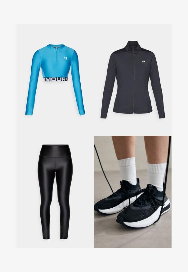 Juodas sportinis švarkas, pagamintas iš lygios, elastingos medžiagos, su aukštu apykakle ir pilnu užtrauktuku, su maža balta logo kairiajame viršutiniame kampe.; Šviesiai mėlynas trumpintas ilgomis rankovėmis viršus su užtrauktuku kaklo srityje, su juodu juosmeniu, ant kurio yra tekstas "ARMOUR", pagamintas iš lygaus, tampraus medžiagos.; Juodi aukštu juosmeniu leggingai, pagaminti iš lygaus, elastingo medžiagos. Yra šoninė kišenė ir subtilus logotipas ant juosmens juostos.; Juodi sportiniai batai su tekstūruotu audiniu, balta padu ir juodais raiščiais. Dėvimi su baltais raištiniais kojiniais, stovint lengvame paviršiuje.