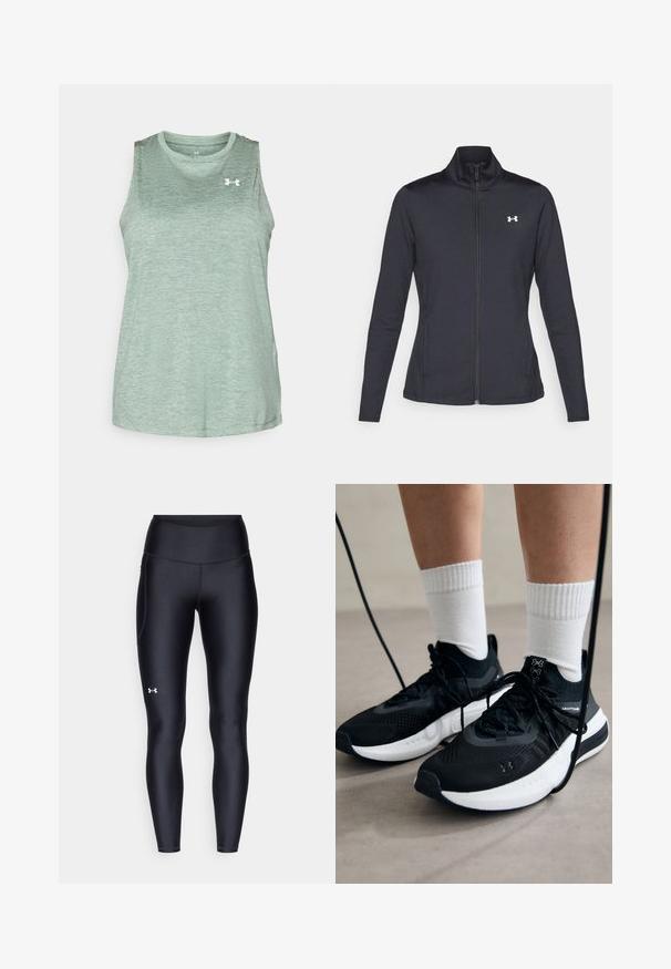 Mustmust mustrits mustritud jahk, valmistatud sujuvast, venivast kangast, kõrge kraega ja täispika tõmbluku ning väikese valge logoga vasakul üleval poole.; Under Armour TANK TWIST - Topp - silica green/white; Mustad mustad, venitatud materjalist, kõrge vöökoht. Vasakul reie kohal on valge logo ning tihe disain.; Mustad mustad jalanõud tekstuuritud kangast, valge tallaga ja mustade paeltega. Kanna valgete soonikkudega sokkide sisse, seistes helesinisel pinnal.