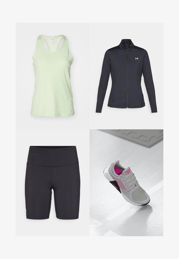 Schwarze Sportjacke aus glattem, dehnbarem Stoff mit hohem Kragen und durchgehendem Reißverschluss, ausgestattet mit einem kleinen weißen Logo auf der oberen linken Seite.; Hellgrünes Sporttanktop mit strukturierter Oberfläche, Racerback-Design und kleinem weißen Logo auf der linken Brust.; Schwarze Sportshorts aus dehnbarem Material mit hohem Bund und flachen Nähten. Für Komfort und Beweglichkeit konzipiert.; Graue und rosa Reebok Sportschuhe mit Mesh-Obermaterial und detaillierter Sohle, auf einer reflektierenden weißen Fläche präsentiert.
