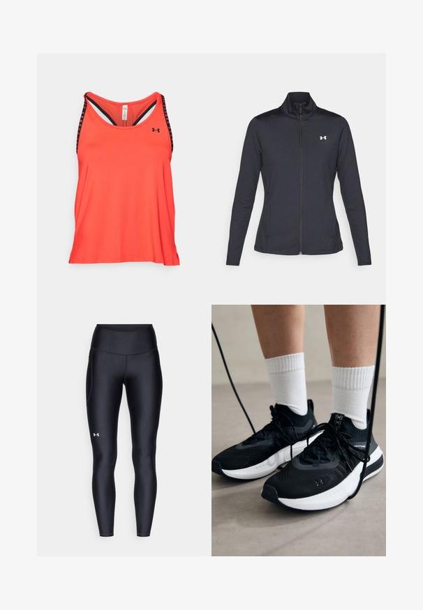 Jachetă sport neagră realizată dintr-un material neted și elastic, cu guler înalt și fermoar complet, având un mic logo alb în colțul din stânga sus.; Under Armour KNOCKOUT TANK - Top - racer red/black; Colanți negri dintr-un material neted și elastic, cu un brâu înalt. Prezentând un logo alb pe cuartul stâng și un design ajustat.; Căști atletice negre cu țesătură texturată, talpă albă și șireturi negre. Purtați cu șosete albe cu riflaje, stând pe o suprafață deschisă.