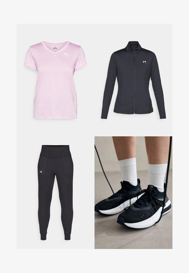 Juodas sportinis švarkas, pagamintas iš lygios, elastingos medžiagos, su aukštu apykakle ir pilnu užtrauktuku, su maža balta logo kairiajame viršutiniame kampe.; Under Armour TECH TWIST - Sportiniai marškinėliai trumpomis rankovėmis - stellar pink/white; Juodos sportinės leginsai, pagaminti iš tamprių medžiagų, su aukštu juosmeniu, šoninėmis kišenėmis ir priglundančiomis blauzdų manžetėmis.; Juodi sportiniai batai su tekstūruotu audiniu, balta padu ir juodais raiščiais. Dėvimi su baltais raištiniais kojiniais, stovint lengvame paviršiuje.