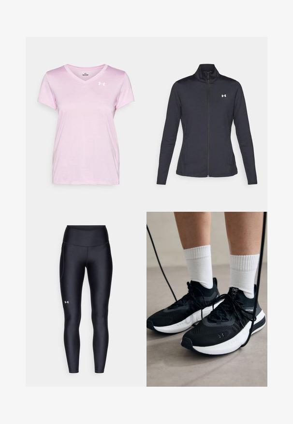 Chaqueta deportiva negra hecha de una tela suave y elástica, con cuello alto y cremallera completa, que presenta un pequeño logo blanco en la parte superior izquierda.; Under Armour TECH TWIST - Camiseta deportiva - stellar pink/white; Leggings negros hechos de un material suave y elástico con una cintura alta. Presentan un logo blanco en el muslo izquierdo y un diseño ajustado.; Zapatillas deportivas negras con tela texturizada, suela blanca y cordones negros. Llevadas con calcetines blancos de canalé, de pie sobre una superficie clara.